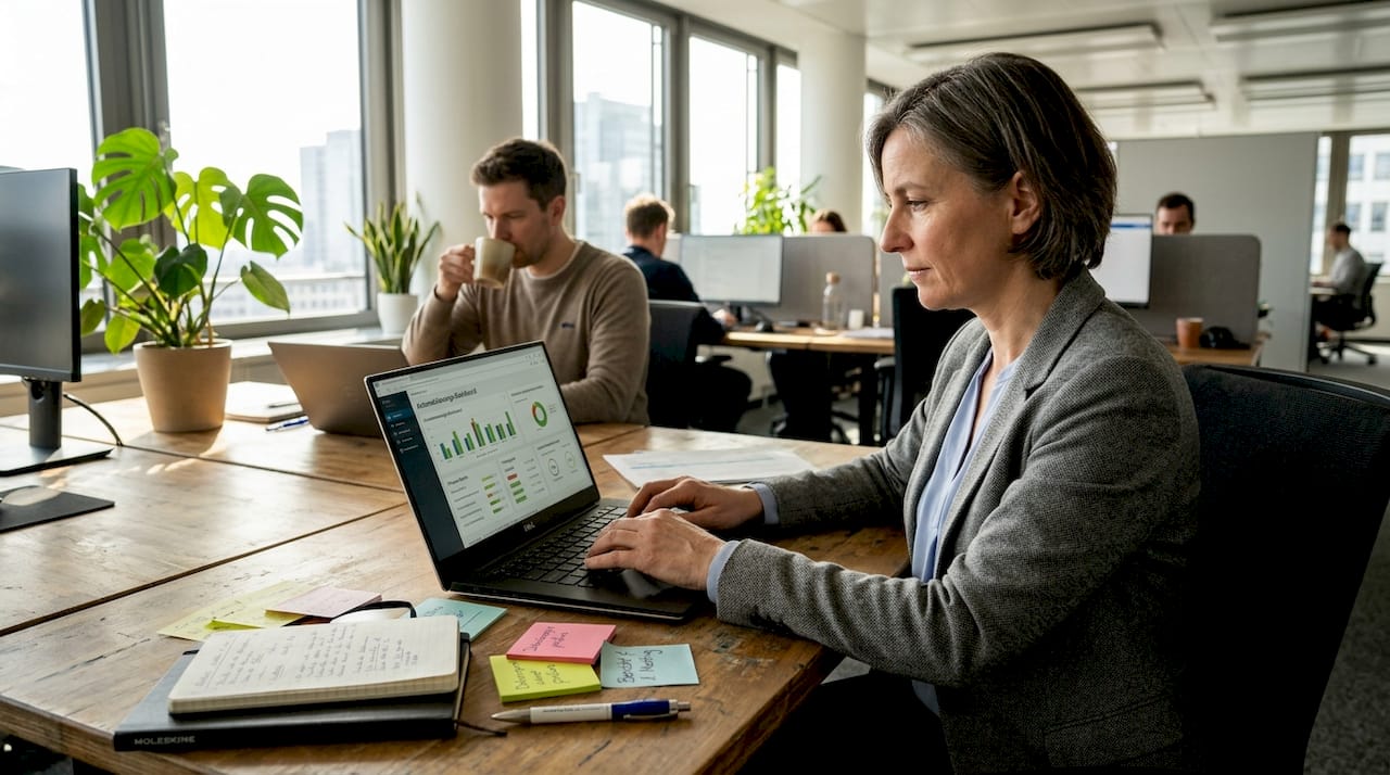 Ein Business Analyst wirft einen prüfenden Blick auf das Automatisierungs-Dashboard.